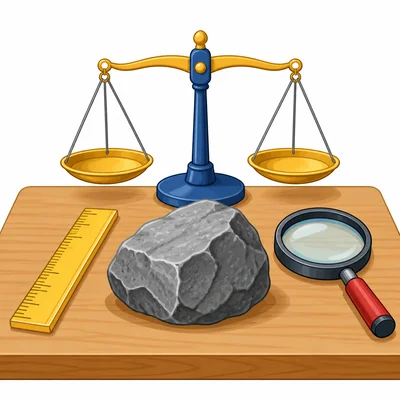 A rough gray rock beside a balance scale, ruler, and magnifying glass.