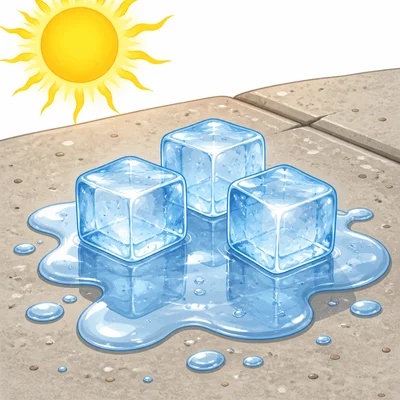 Ice cubes melting into a puddle on a sunny sidewalk.
