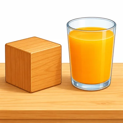 A wooden block beside orange juice taking the shape of its cup.
