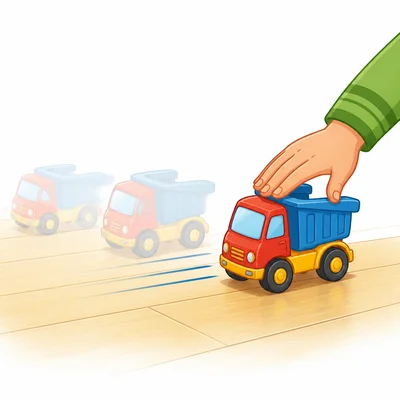 A hand pushes a toy truck, with motion lines showing it moving faster.
