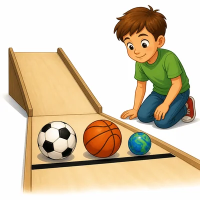 Different balls placed at the same starting line for a rolling test.