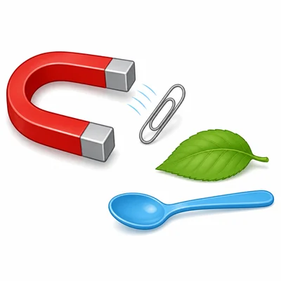 A magnet attracting a paper clip while a leaf and plastic spoon stay still.