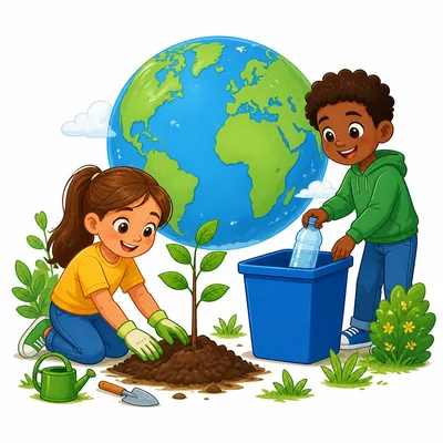 Children caring for Earth by planting a tree and recycling.