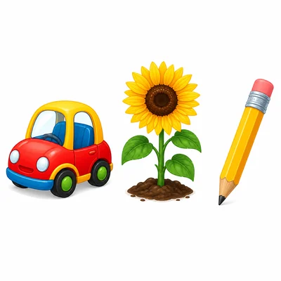 A toy car, a sunflower, and a pencil.
