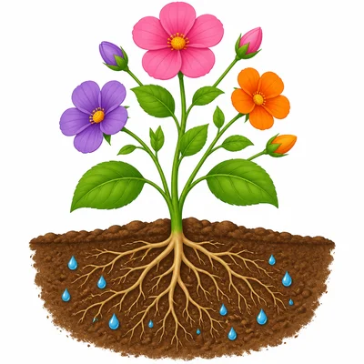 A flowering plant with roots in soil and water drops near the roots.