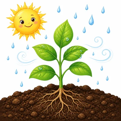 A plant growing with sunlight, rain, soil, and air around it.