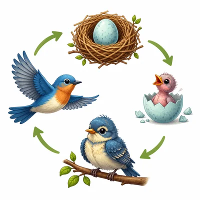 A bird life cycle showing egg, hatchling, young bird, and flying adult bird.