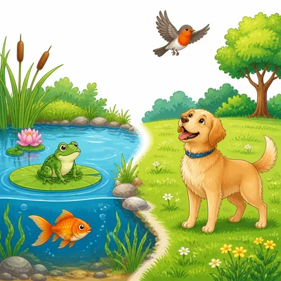 A frog and goldfish in water, with a dog on land and a robin in the air.