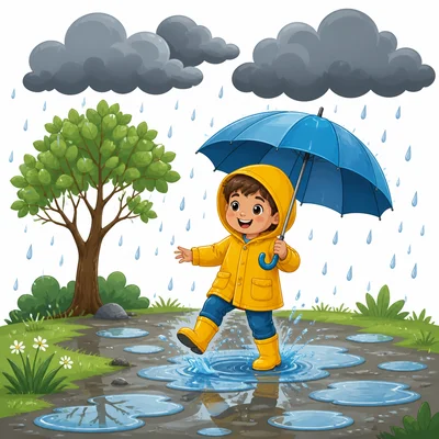 Dark clouds, rain, and puddles showing rainy weather.