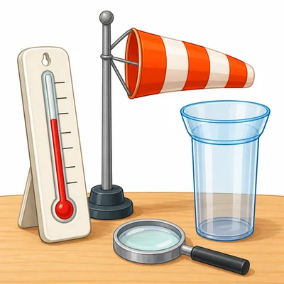 A thermometer shown with other simple science tools.