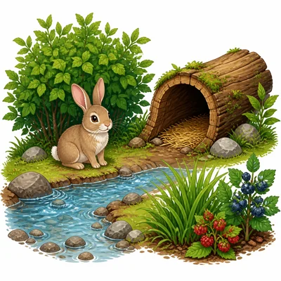 A rabbit habitat with food, water, and shelter.