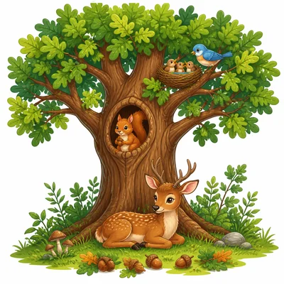 A forest tree providing shelter, shade, and food for animals.