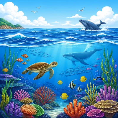 A large salty ocean habitat with marine life.