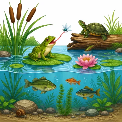 Pond plants and animals using the pond habitat.