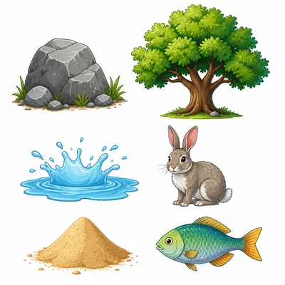A rock, tree, water, rabbit, sand, and fish.