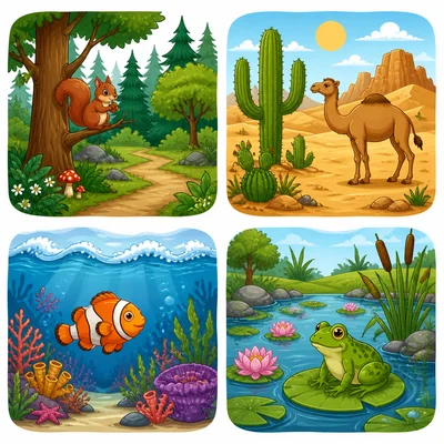 Four habitats: forest, desert, ocean, and pond.