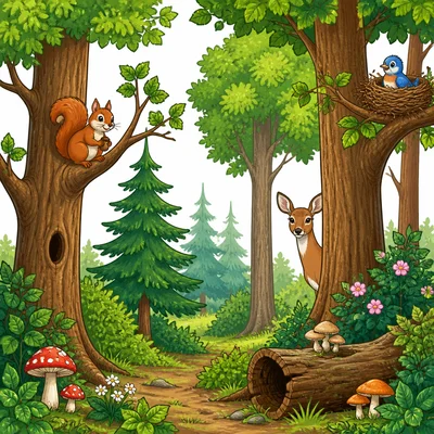 A forest habitat with trees, plants, and animals.