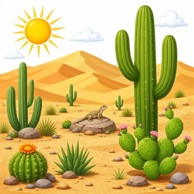 A dry desert habitat with cactus plants.