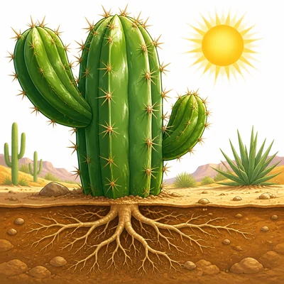 A cactus showing spines, thick stems, and roots in the desert.