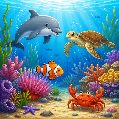 An ocean habitat with several ocean animals.