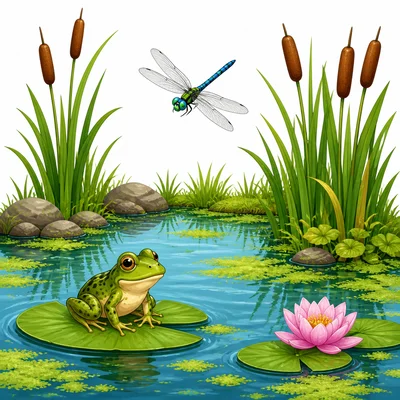 A pond habitat with a frog, dragonfly, cattails, and algae.
