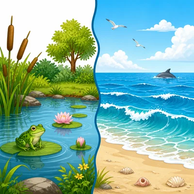 A small pond shown beside a large ocean.