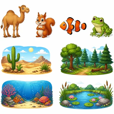Four animals and four habitat scenes for matching.