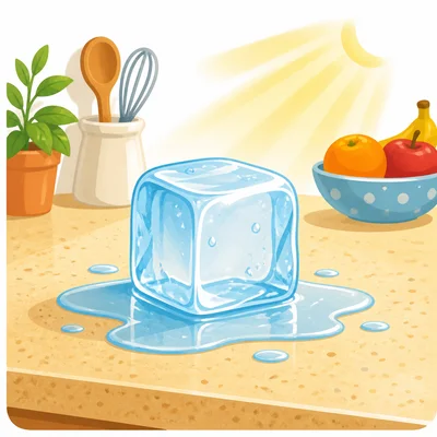 An ice cube melting into a puddle on a warm counter.