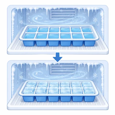 Water in an ice cube tray freezing into solid ice.