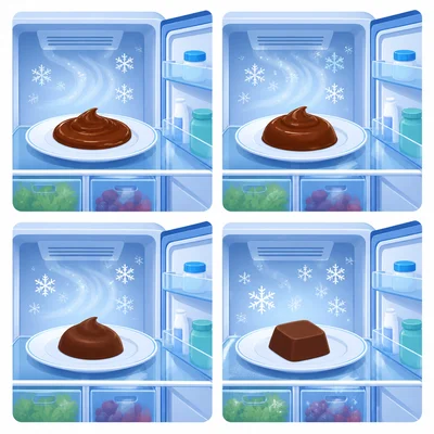 Melted chocolate becoming hard in a refrigerator.