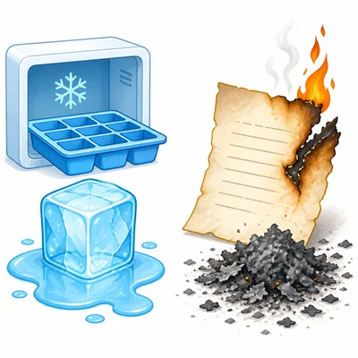 Ice melting into water beside burned paper turning to ash.