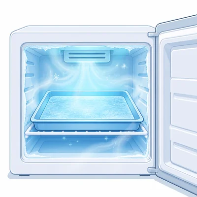 A tray of water freezing into ice in a freezer.