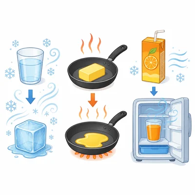 Three changes: water freezing, butter melting in a pan, and juice getting cold.