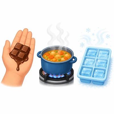 Three changes: chocolate melting, soup heating, and water freezing into ice.