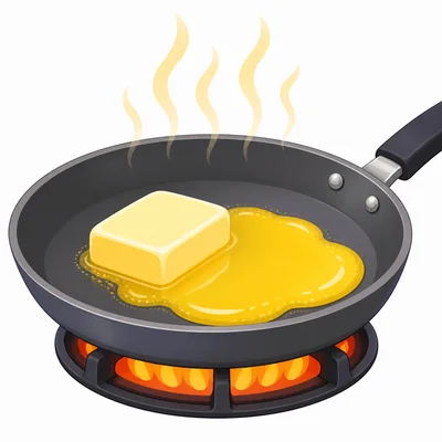 Butter melting from a solid into a liquid in a warm pan.