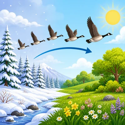Geese flying from a snowy forest to a warmer green place.