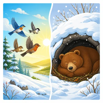 Birds migrating and a bear hibernating shown side by side.