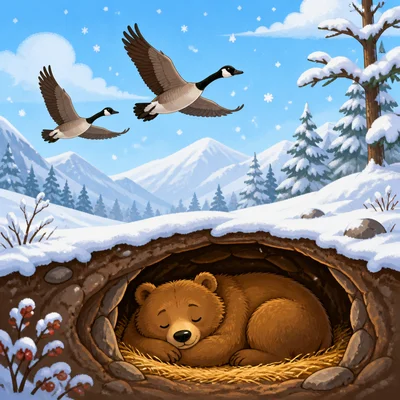 Different animals surviving winter by migrating and hibernating.