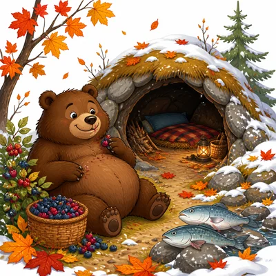 A bear near a den after eating food in fall.