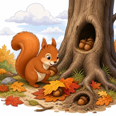 A squirrel hiding acorns in different places before winter.