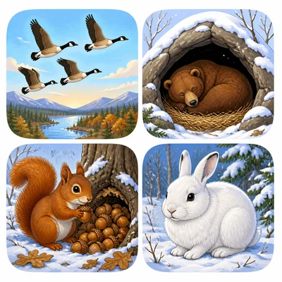 Four animal winter survival strategies: migrating, hibernating, storing food, and thick fur.