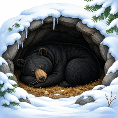 A bear sleeping in a den during winter.