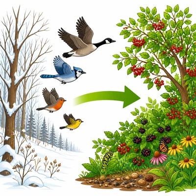 Birds flying from a snowy place with little food toward a warmer place with food.