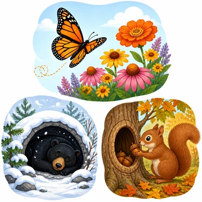 A butterfly migrating, a bear hibernating, and a squirrel storing acorns.