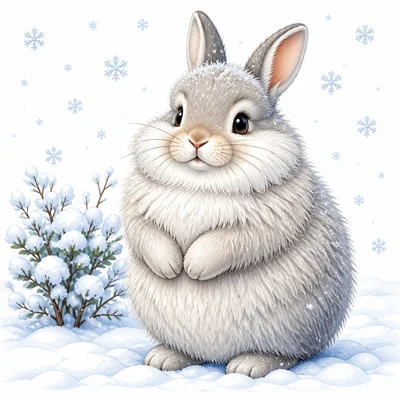 A fluffy rabbit with thick winter fur standing in snow.