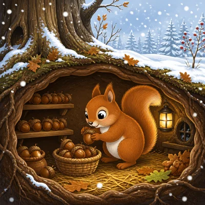 A squirrel storing acorns for winter.