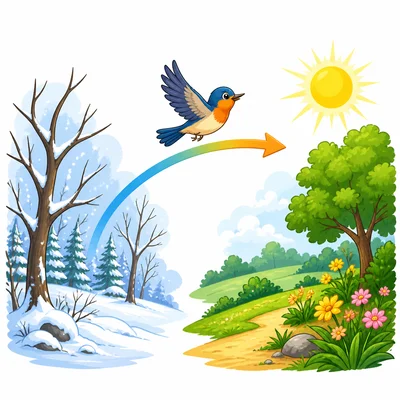 A bird flying from a cold forest to a warmer place.