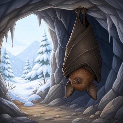 A bat sleeping upside down in a winter cave.