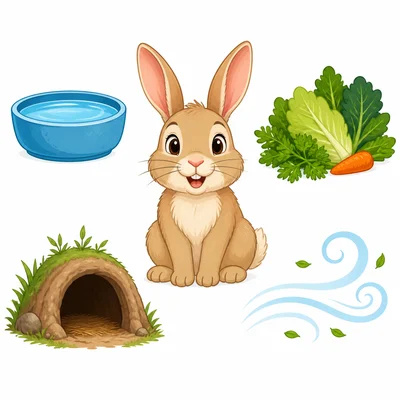 A rabbit shown with water, food, shelter, and air.