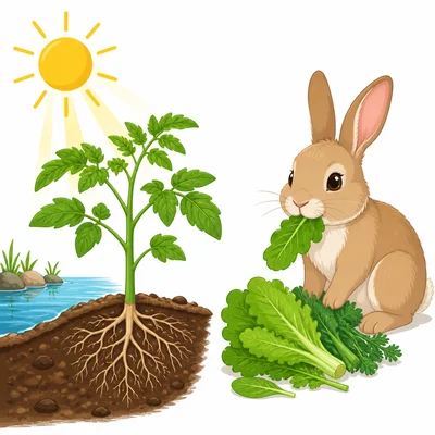 A plant in sunlight and a rabbit eating leaves.